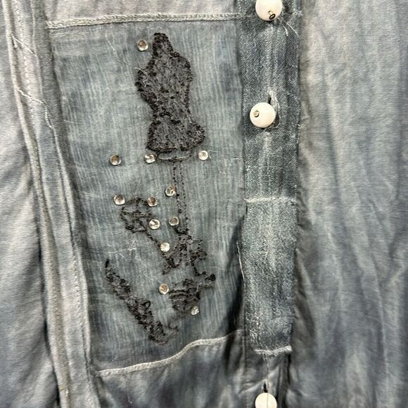 PARSLEY & SAGE Women's Cotton Embroidered Ruffle Button Down Shirt Blue Small - Picture 5 of 15